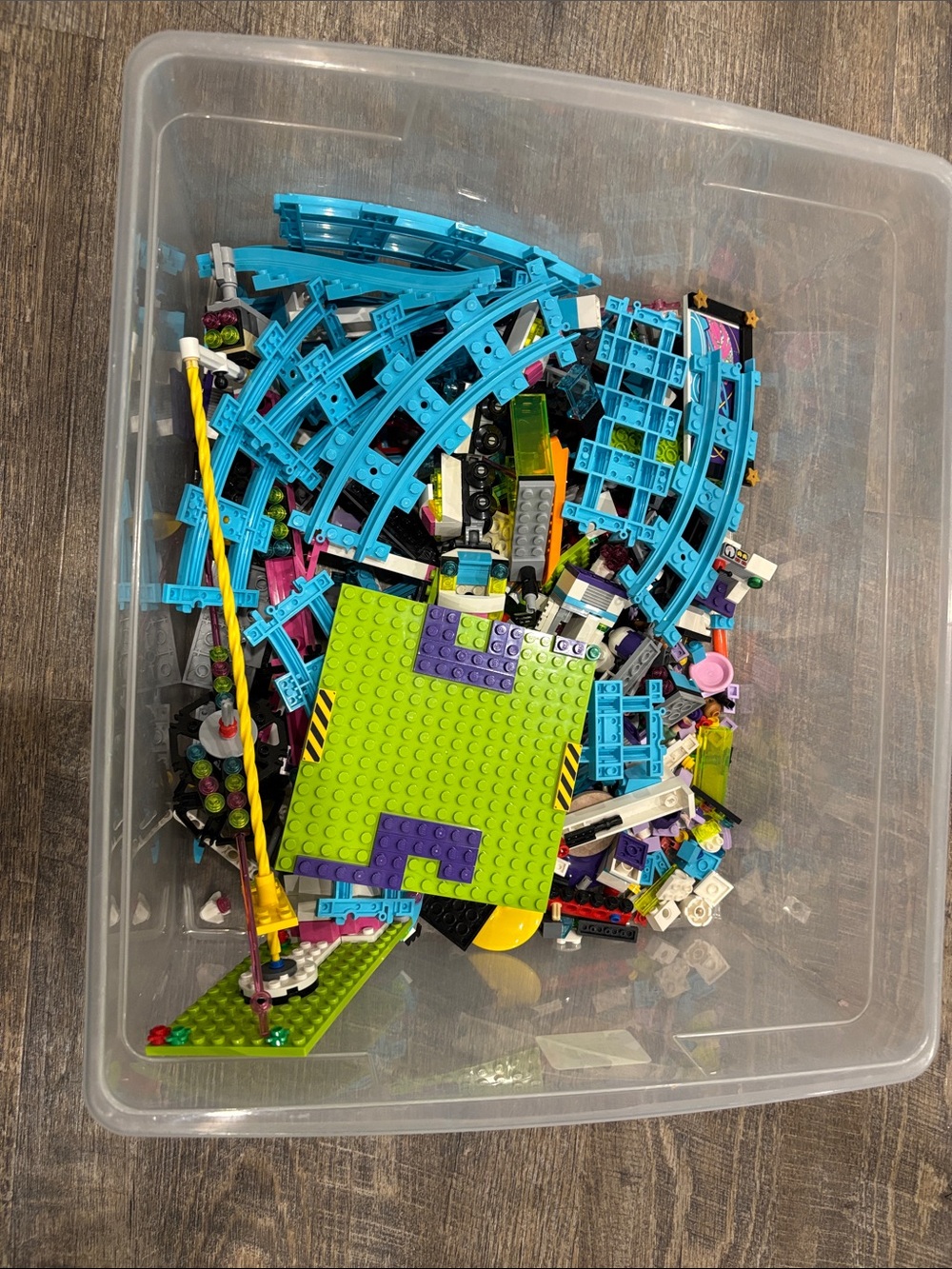 Lego Bright Blue Track Pieces with Lime Green and Purple Base Plate